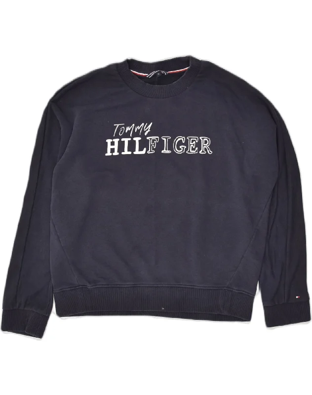 TOMMY HILFIGER Womens Oversized Graphic Sweatshirt Jumper UK 6 XS Blue Hoodie with Metallic Shiny Futuristic TOMMY HILFIGER Womens Oversized Graphic Sweatshirt Jumper UK 6 XS Blue Hoodie with Metallic Shiny Futuristic