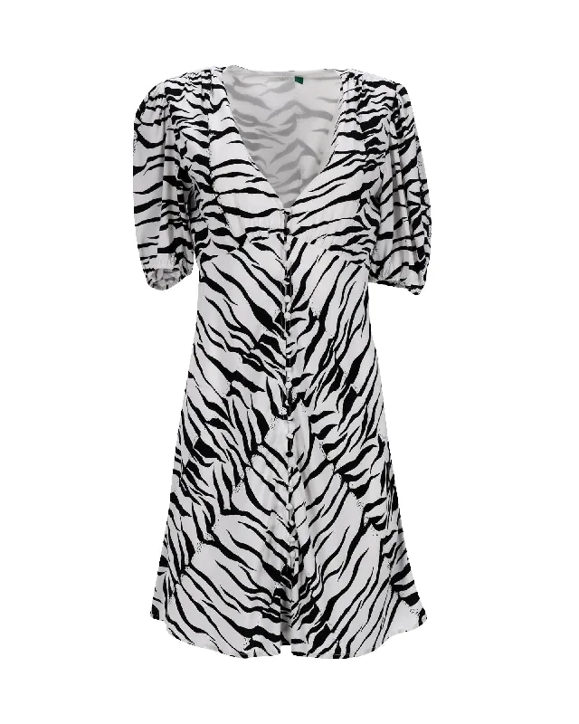 Zebra Print Mini Dress with Puffed Sleeves in Crepe de Chine Fabric Comfortable Zip-Up Mini Dress Zebra Print Mini Dress with Puffed Sleeves in Crepe de Chine Fabric Comfortable Zip-Up Mini Dress