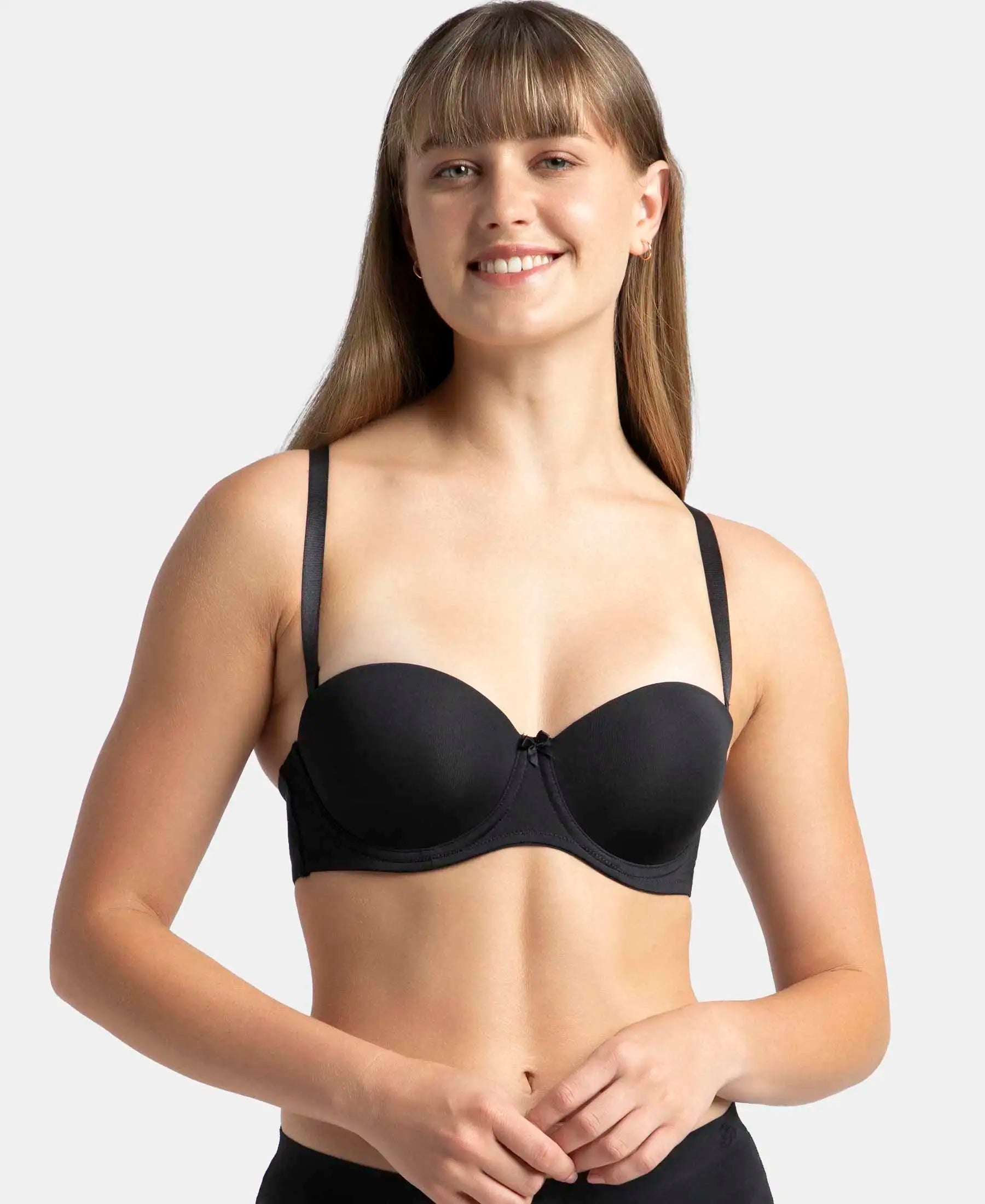 Under-Wired Padded Soft Touch Microfiber Elastane Stretch Full Coverage Strapless Bra with Ultra-Grip Support Band - Black Soft Lace Bralette