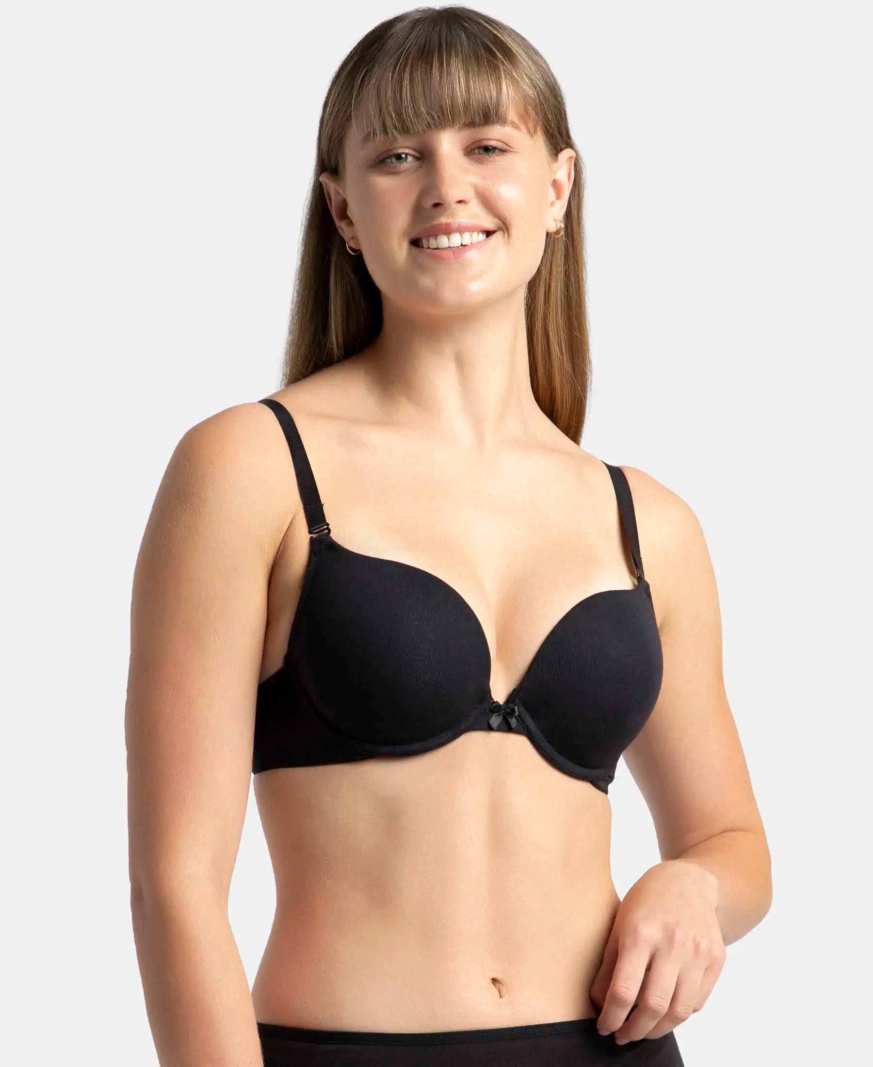 Wired Padded Super Combed Cotton Elastane Stretch Medium Coverage Pushup Bra with Plunge Neck - Black Sexy Mesh Bra