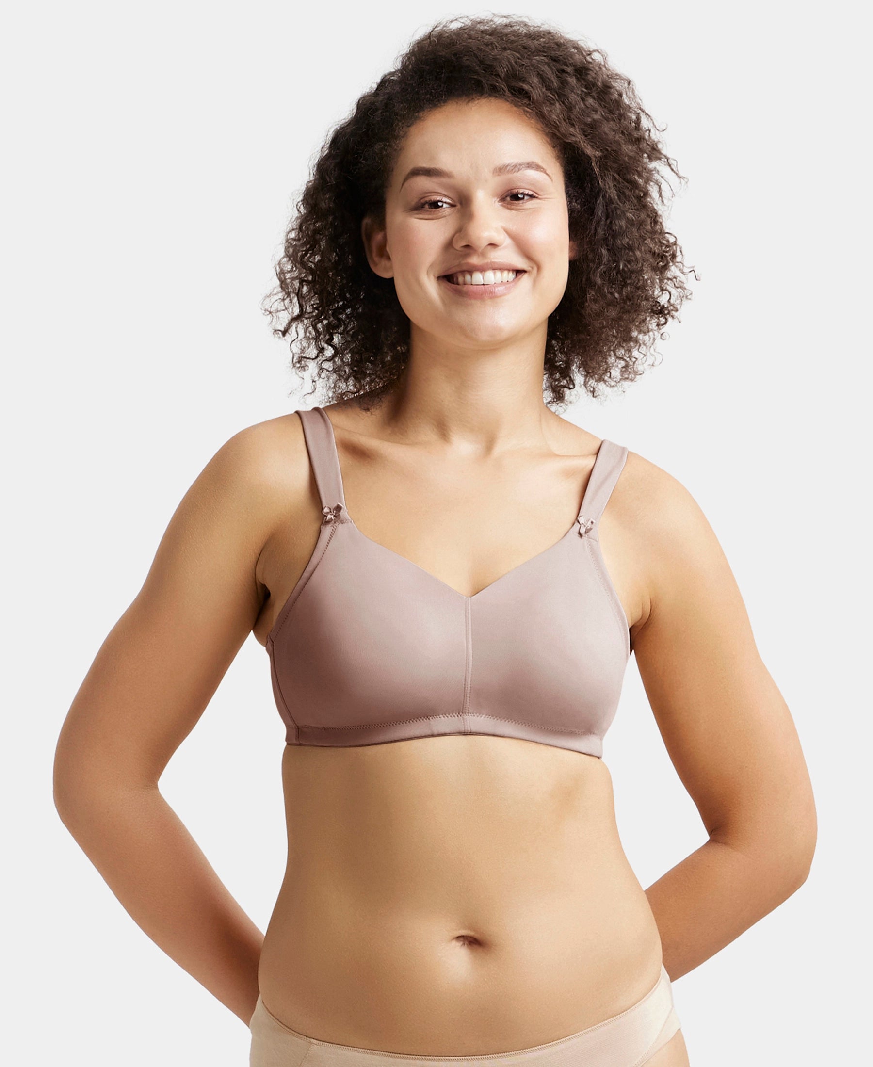 Wirefree Non Padded Soft Touch Microfiber Elastane Stretch Full Coverage Minimizer Bra with Broad Cushioned Fabric Strap - Mocha Fashionable Push-Up Bra