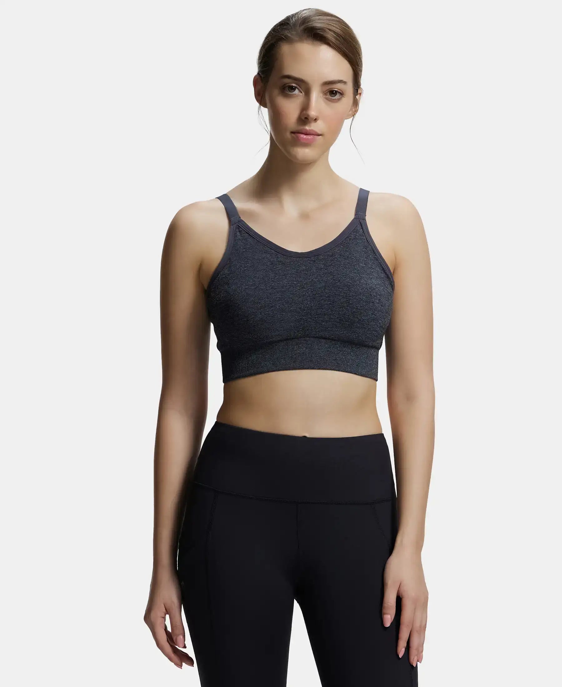 Wirefree Padded Recycled Polyester Elastane Stretch Racerback Styling Sports Bra with Stay Fresh Treatment - Black Melange Elegant Cotton Bra