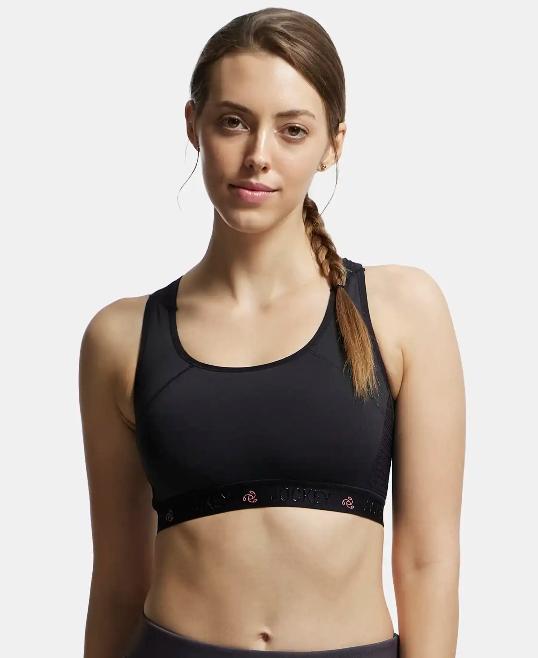 Wirefree Padded Tactel Nylon Elastane Stretch Full Coverage Racerback Styling Sports Bra with StayFresh and StayDry Treatment - Black Comfortable Active Bra