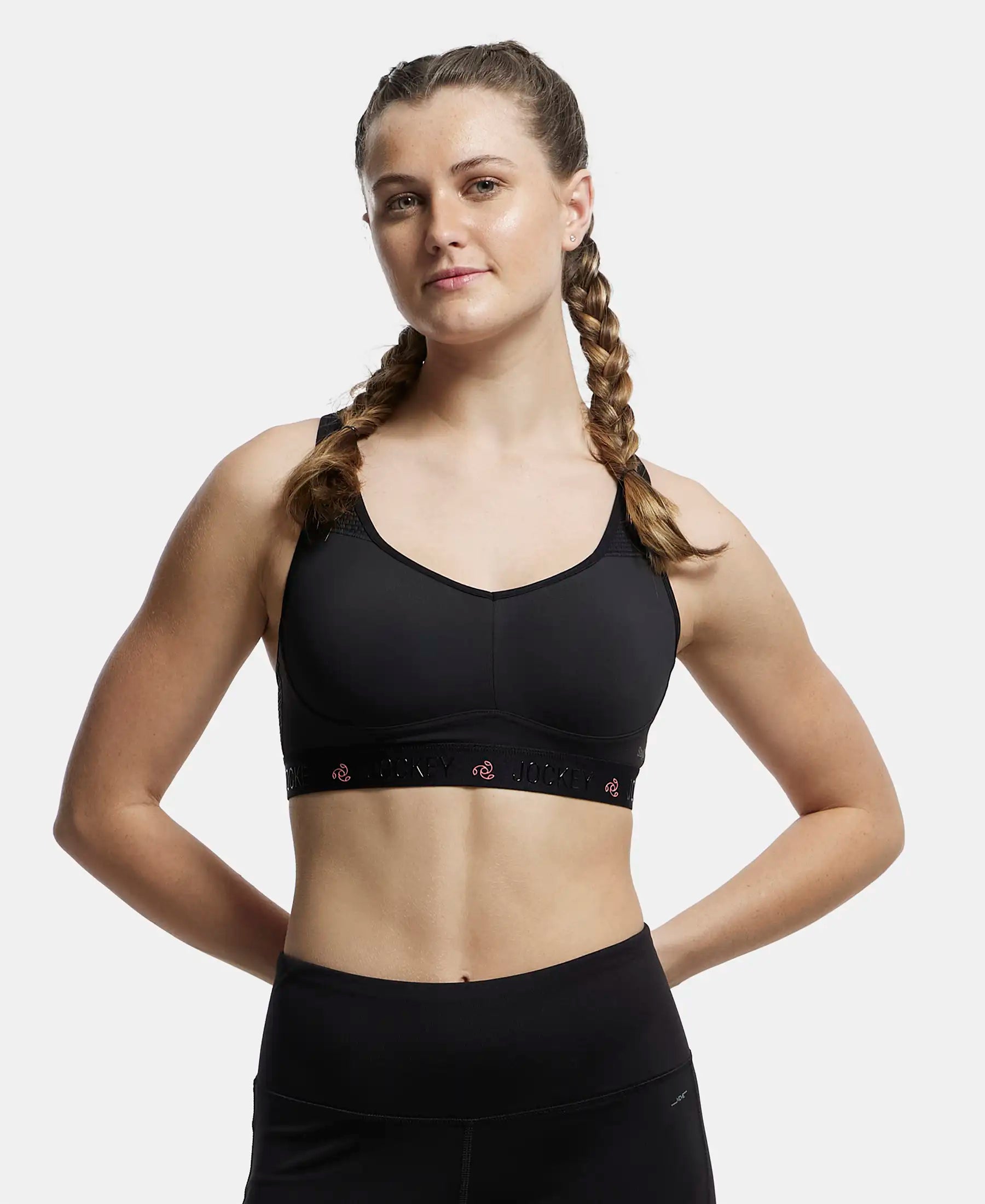 Wirefree Padded Tactel Nylon Elastane Stretch Full Coverage Sports Bra with Optional Cross Back Styling - Black High Support Sports Bra