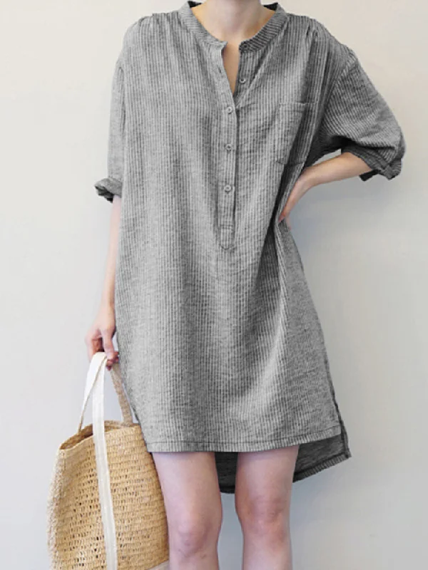 Women Vintage Striped Button Long Sleeve Shirt Mini Dress Comfortable Boho Mini Dress