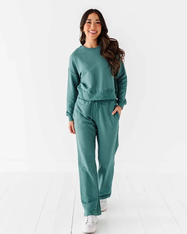 Women's Cropped Sweatshirt & Wide Leg Jogger Pants Set - Teal Hoodie with Thumb Holes Functional Cozy Women's Cropped Sweatshirt & Wide Leg Jogger Pants Set - Teal Hoodie with Thumb Holes Functional Cozy