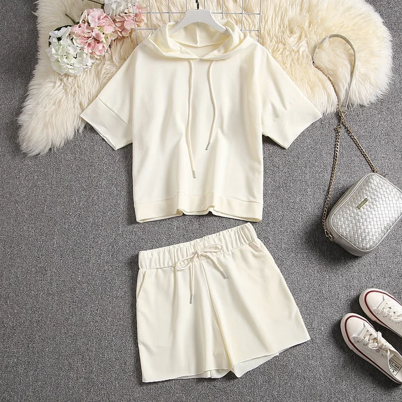 Hooded Sweatshirts + Shorts 2pcs Casual Suit Hoodie with Hem Fringe Bohemian Relaxed