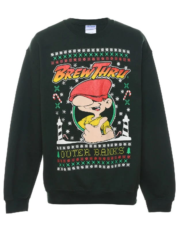 Brew Thru Multi-Colour Printed Christmas Sweatshirt - M Graphic Hoodie Design Print