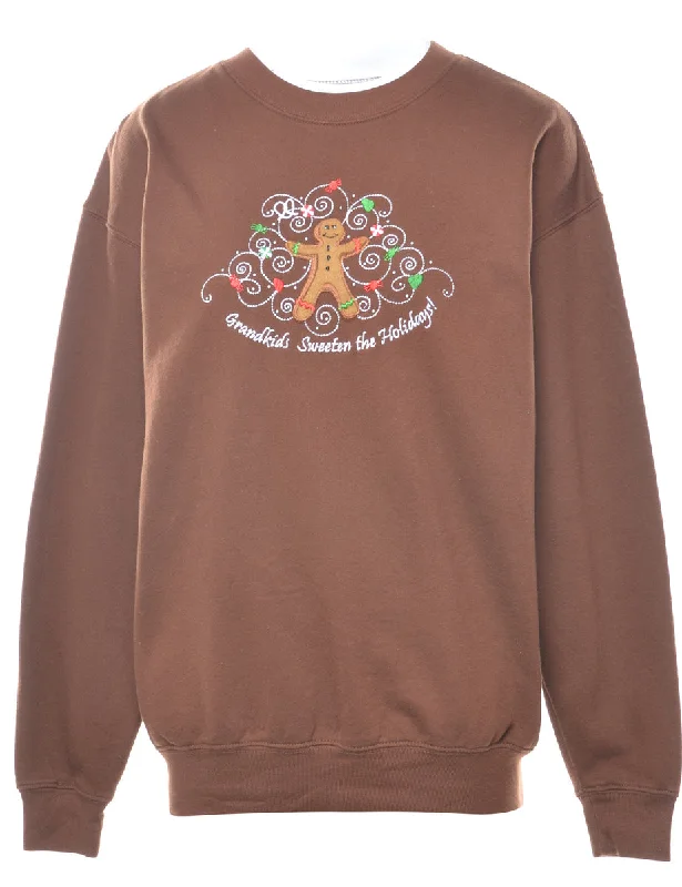 Brown Christmas Sweatshirt - L Hoodie with Print Artistic Unique