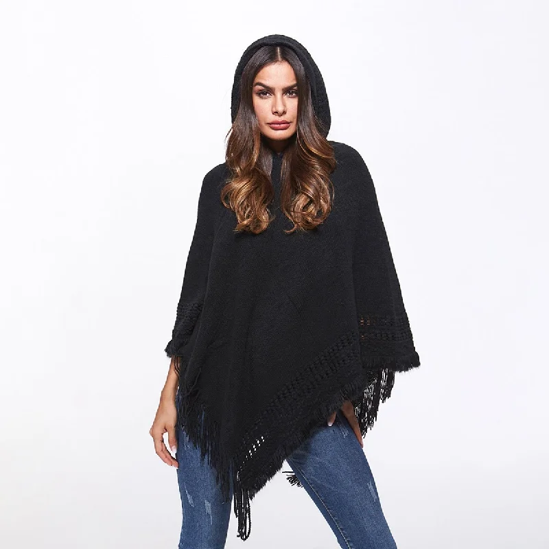 Openwork Fringe Hem Hooded Poncho Hoodie with High Neck Warm Protective