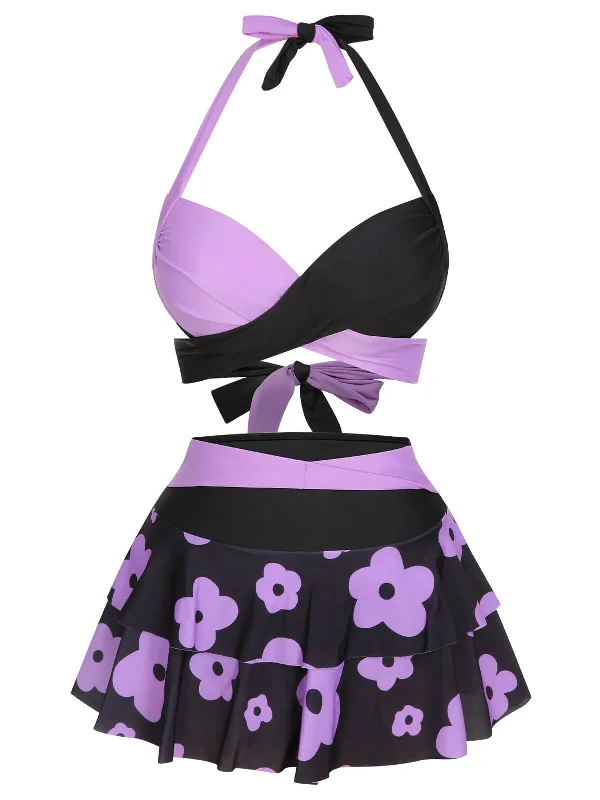 1950s Color Block Floral Halter Swimsuit Retro-Inspired Bikini Set