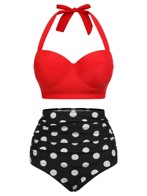 2PCS Red 1940s Dots Halter Swimsuit Sexy Monokini Swimsuit