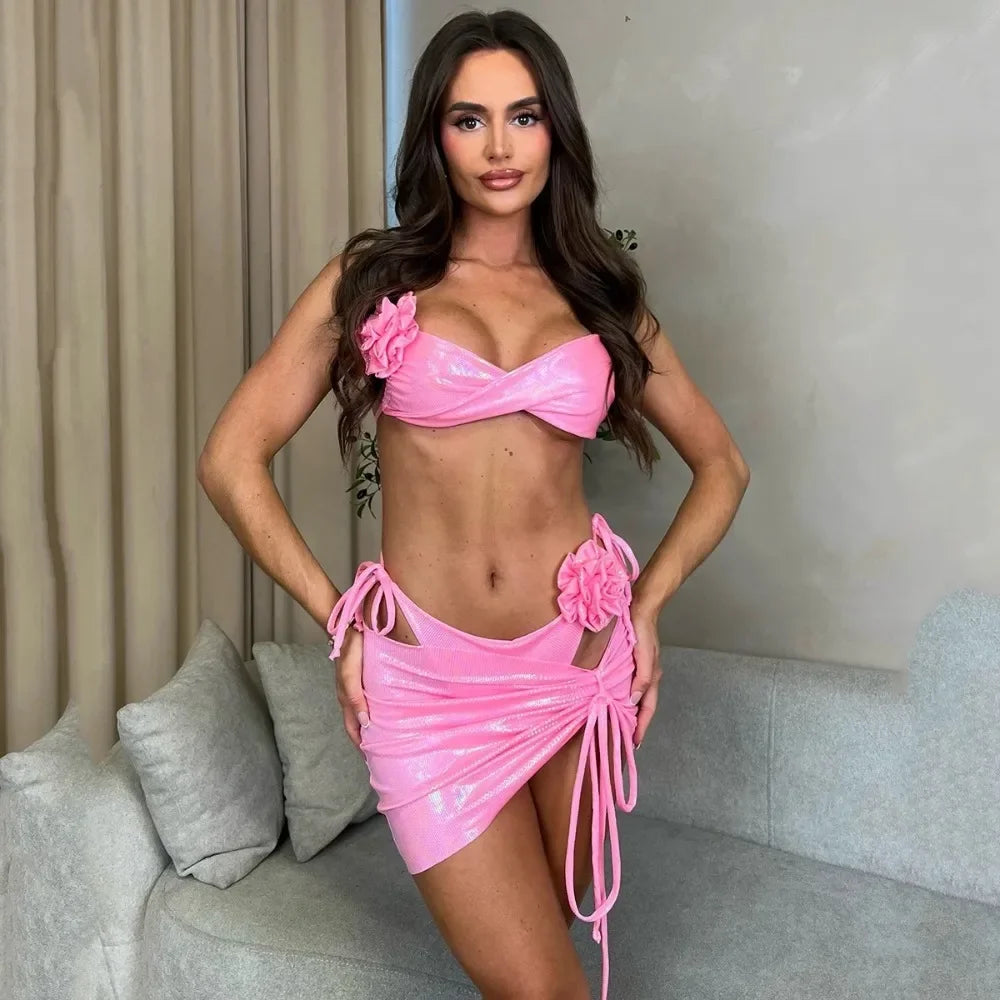 Sexy Women Female Swimwear Floral Swimming Suits Beachwear Skirt Biquini Swimsuit Swimsuit with Skirt