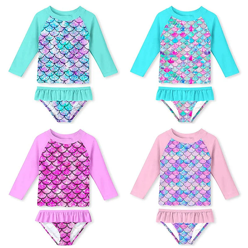 3D Fish Scale Design Two Pieces Swimsuits for Girls V-Neck Swim Dress