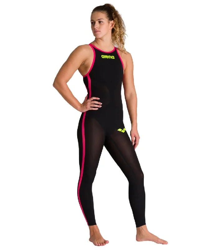 Arena Women's Powerskin R-evo+ Open Water Closed Back Tech Suit Swimsuit Black-Fluo Yellow Deep-V Swimsuit Design