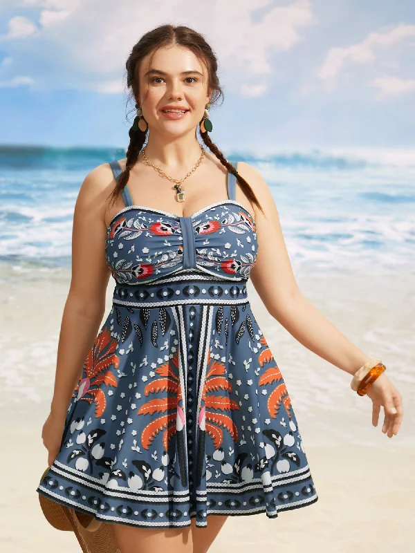 Bandana Print Heart Neckline Gathered Swim Dress V-Neck Swim Dress