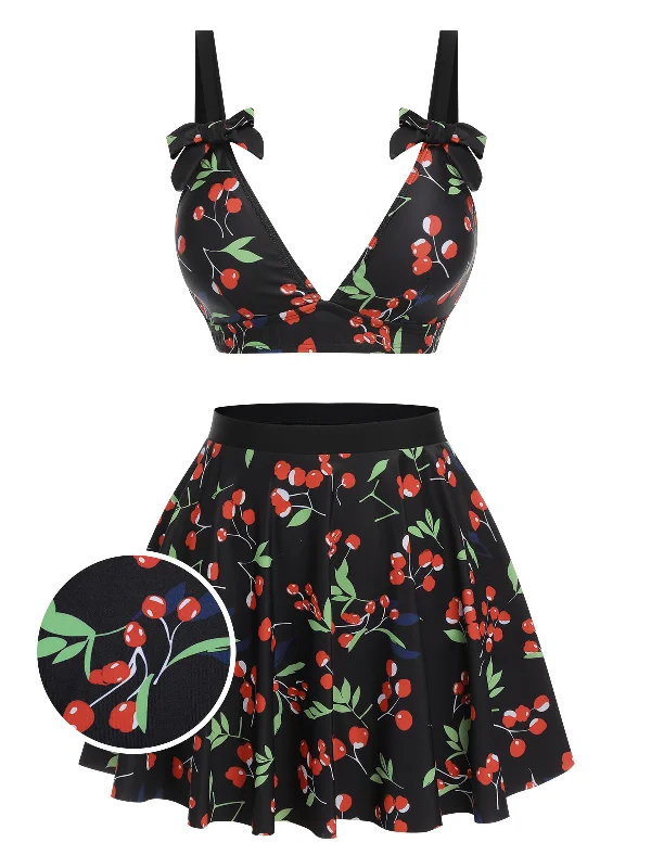 Black 1950s Cherry Bow V-Neck Swimsuit Reversible Bikini Set