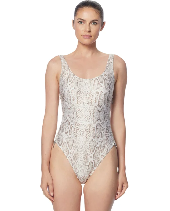 Carmen Marc Valvo Classic Weave Ivory Zipper One Piece Swimsuit Comfortable Tankini Set