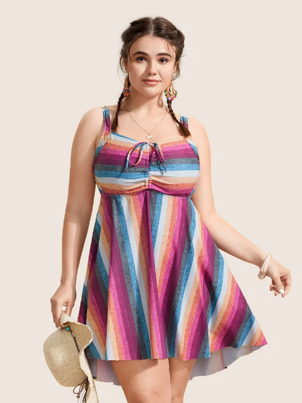 Contrast Striped Tie Knot Swim Dress Swim Skirt Set