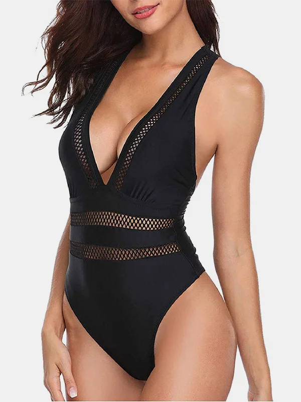 Crisscross Plunge Wide Strap One-Piece Swimwear Minimalist One-Piece