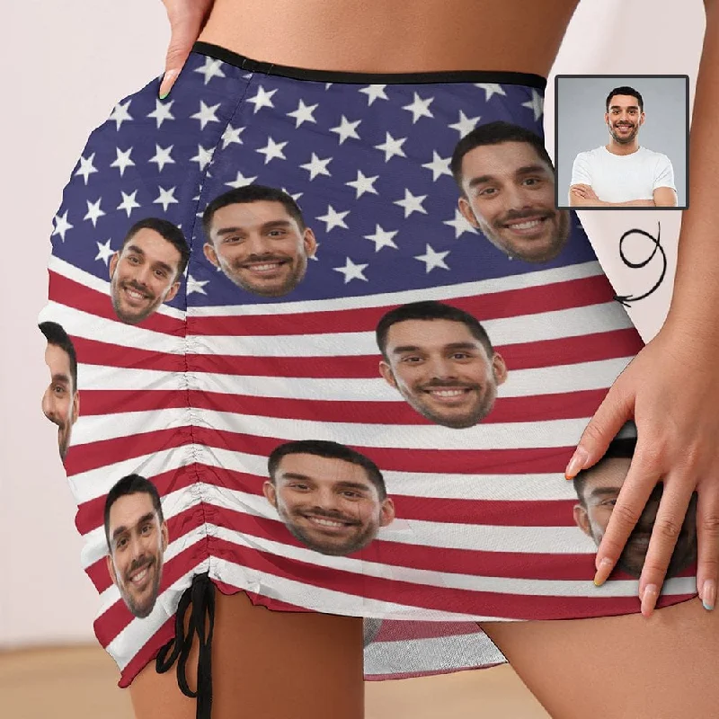 Custom Face American Flag Beach Skirt Women's Short Dress Stars Stripes Swimsuit Bottom Personalized Women's Swim Dress Short Skirt Sleek Full Coverage