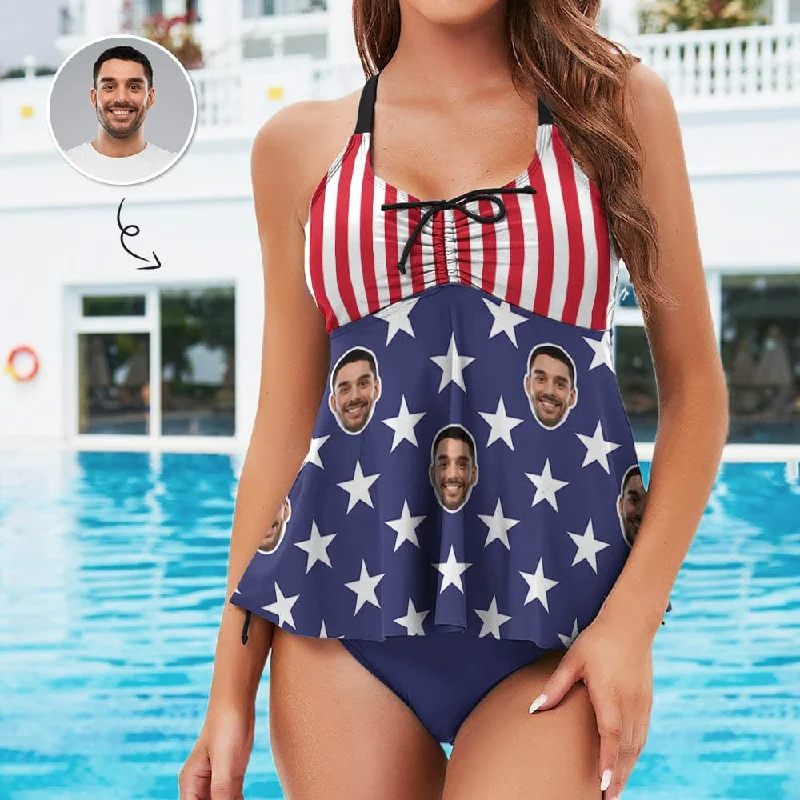 Plus Size Tankini Set Custom Face Flag Swimsuit Personalized Womens Bathing Suit Chest Drawstring Swim Dress 2 Piece Tankini Ruched Swimwear Set