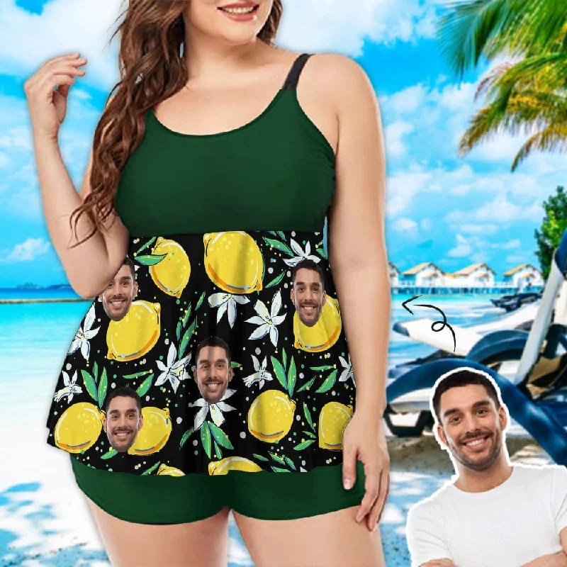 Plus Size Custom Face Lemon Green Bathing Suit Women's Tankini Swimsuit 2 Piece Swmsuit For Women Button-Front Swimsuit