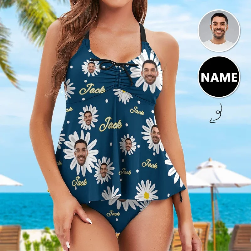 Plus Size Tankini Set Custom Face&Name Daisy Swimsuit Personalized Womens Bathing Suit Chest Drawstring Swim Dress 2 Piece Tankini Chic Beach Cover-Up