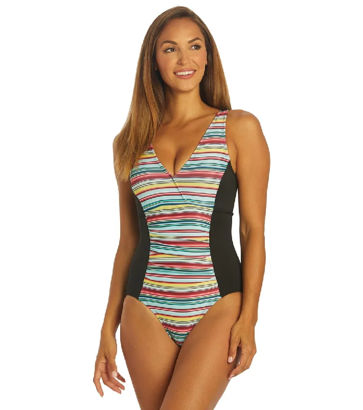 Dolfin Aquashape Women's Print V-Neck Front Panel One Piece Swimsuit Sunset Sporty Racerback Swimsuit