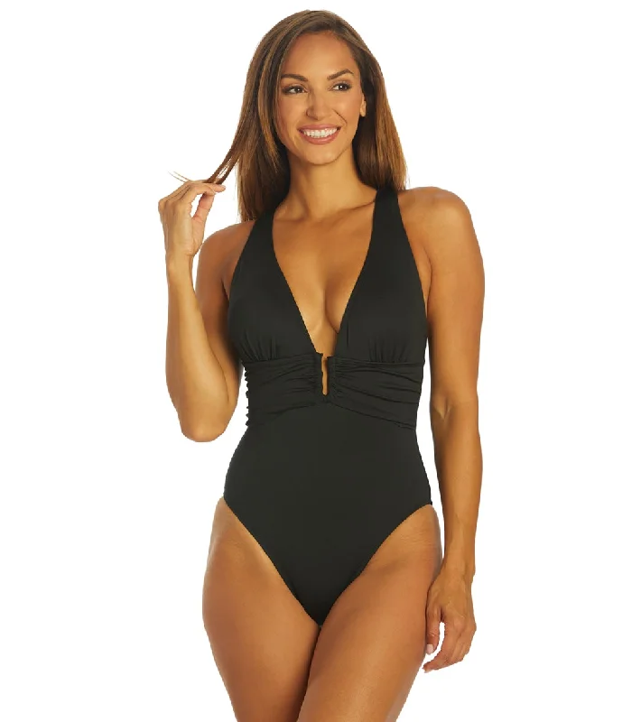 Dolfin Aquashape Women's Solid Contemporary Deep V-Neck One Piece Swimsuit Black Elegant Ruffle Swimsuit