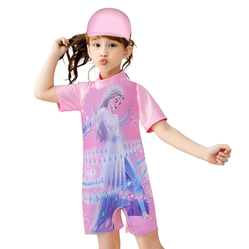 Fancydresswale frozen elsa Girls Swimsuits Short Sleeve Swimwear with Matching Cap - frozen High-Waisted Swim Bottoms