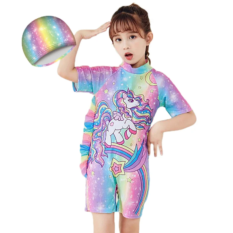 Fancydresswale Girls Swimsuits Half Sleeve Swimwear with Matching Cap -Unicorn Rainbow High-Waist Bikini Set