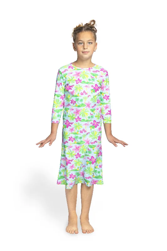 Girls Modest Tznius 3/4 Sleeve UPF 50+ Sun Protection bathing Suit Swimdress (Flamingo / Multi ) Plunge Back Swimsuit