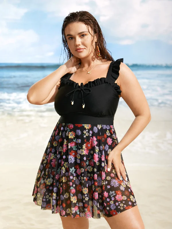 Floral Mesh Patchwork Ruffles Tie Knot Swim Dress Comfortable Swim Dress