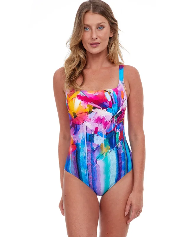 Gottex Classic Italian Summer Full Coverage Square Neck One Piece Swimsuit Plunge Neckline Swimsuit