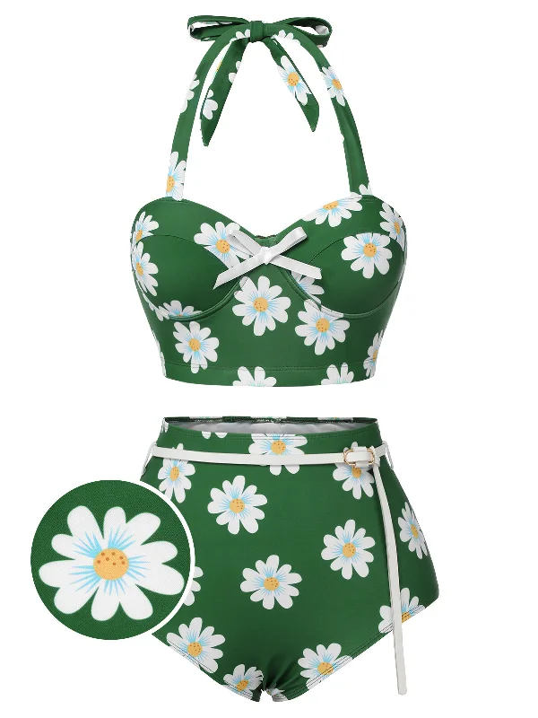 Green 1930s Daisy Halter Swimsuit Elegant Ruffled Bikini