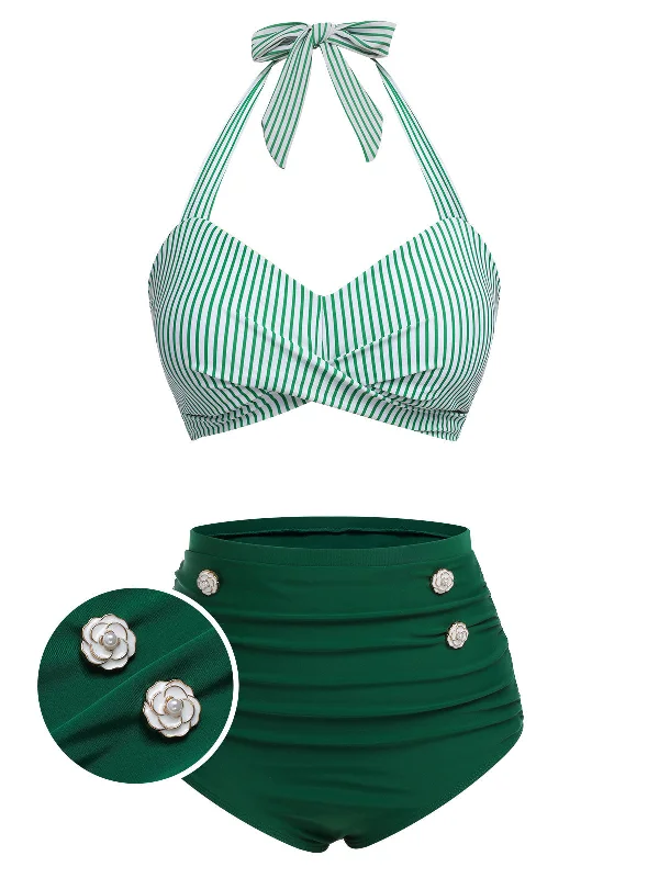 Green 1940s Striped Halter Swimsuit Set Quick-Dry Tankini