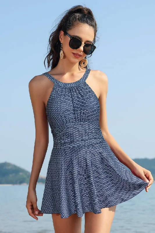 High Neck Ruched Swim Dresses For Women Halter Neck Swimsuit