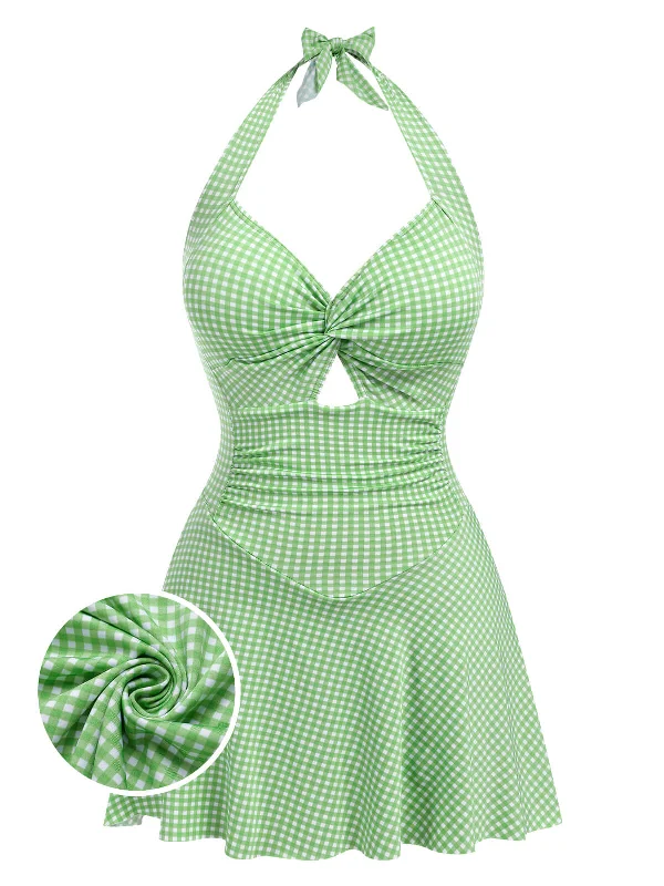 Light Green 1930s Plaid Halter One-Piece Swimsuit Ruched Swimwear Set