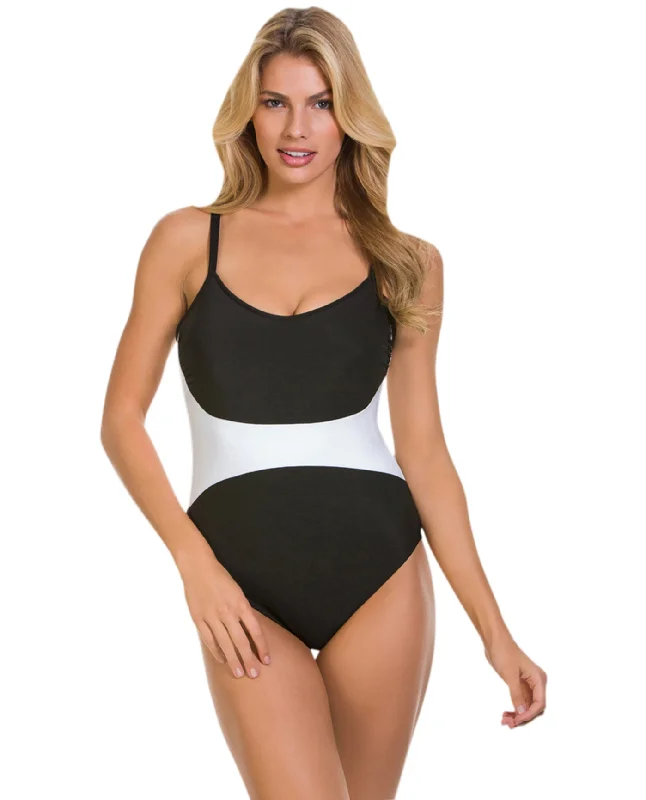 Magicsuit Black White Color Block Serena One Piece Swimsuit Sleek Mesh Bikini