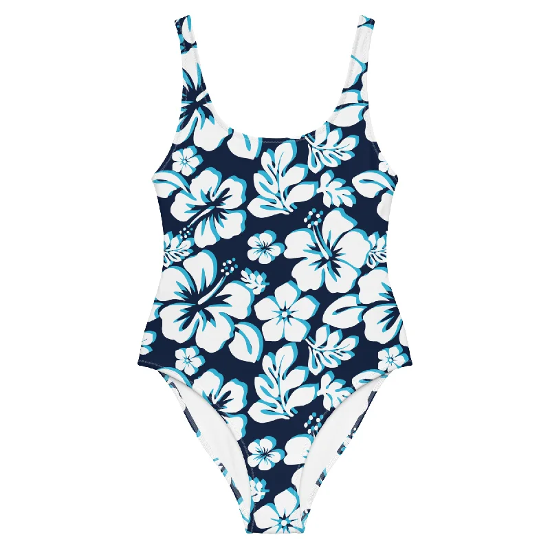 Ocean Blues Hawaiian Flowers One Piece Swimsuit Mesh Panel Swimwear