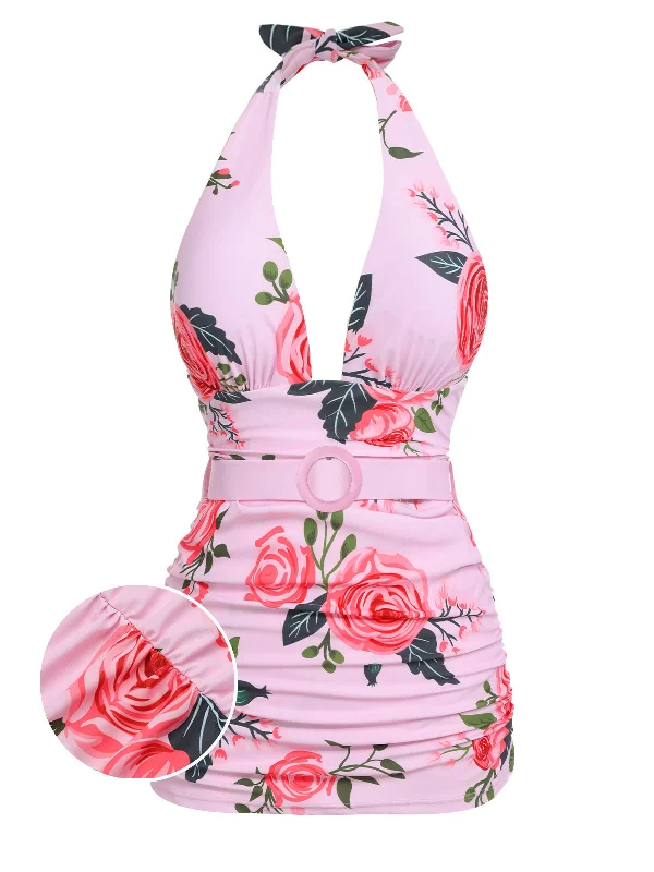 Pink 1930s Roses Halter Belt Swimsuit Plunge Back Swimsuit