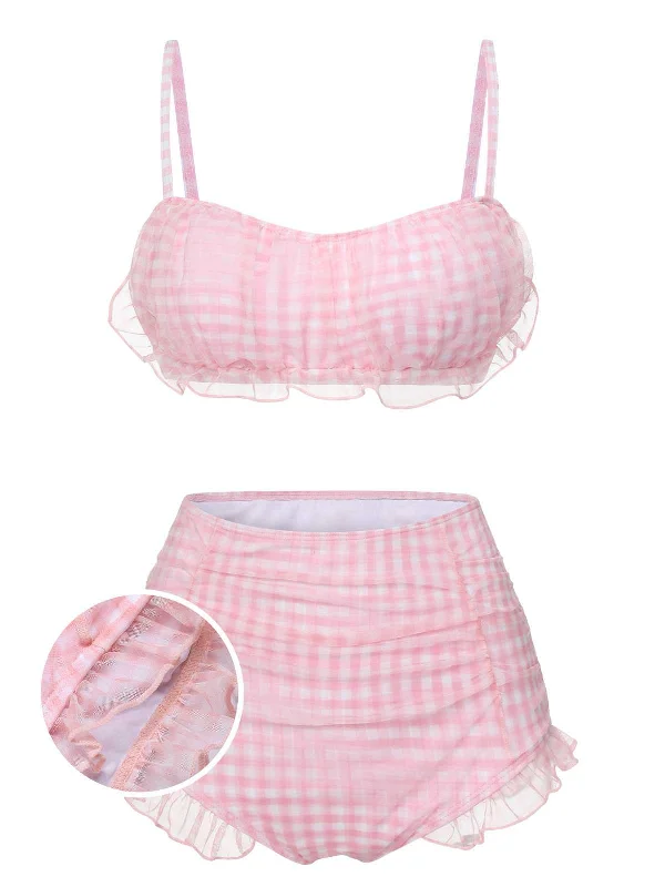 Pink 1940s Spaghetti Strap Mesh Plaids Swimsuit Bold Swimsuit Design