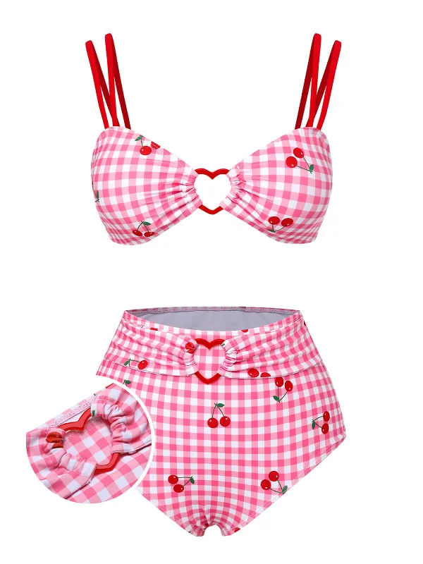 Pink 1950s Plaid & Cherry Strap Swimsuit Floral Swimwear Set