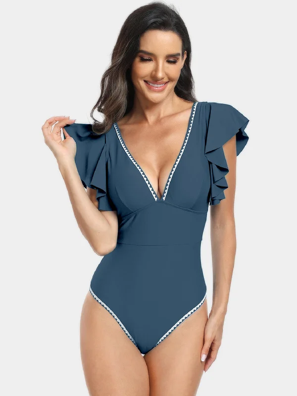 Plunge Cap Sleeve One-Piece Swimwear Bold Color Swimsuit