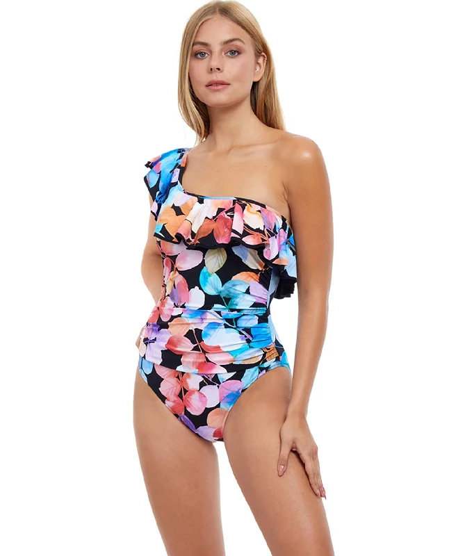 Profile By Gottex Color Rush Black Ruffle One Shoulder One Piece Swimsuit Two-Piece Beachwear