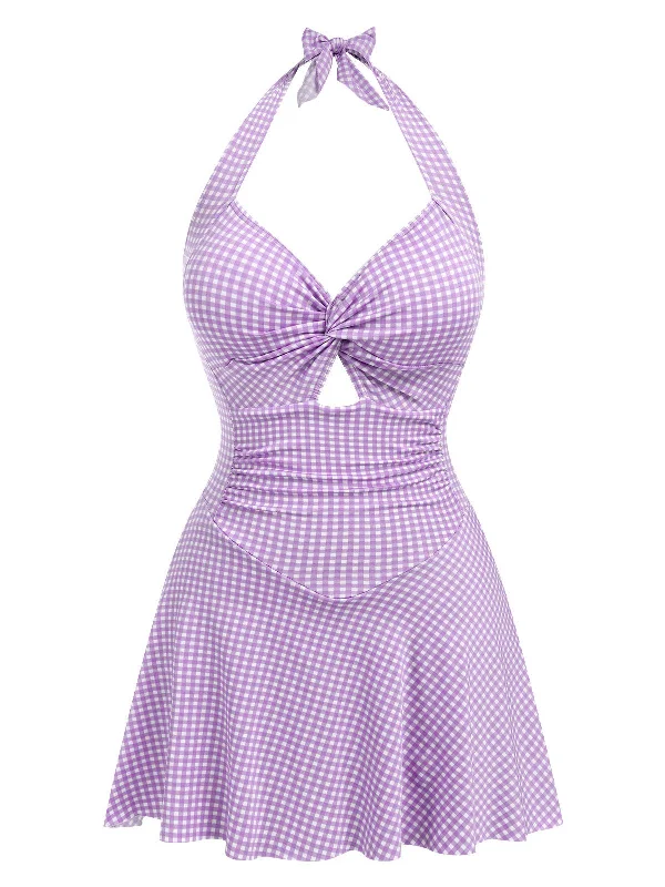 Purple 1930s Plaid Halter One-Piece Swimsuit Mesh Panel Swimwear