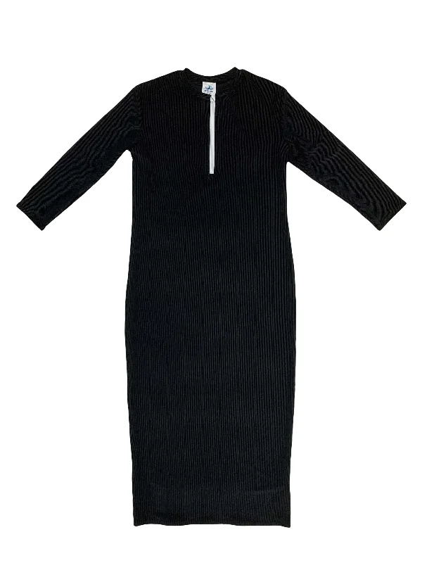 Black Half Zip Ribbed Maxi Swim Dress Mesh Panel Swimwear