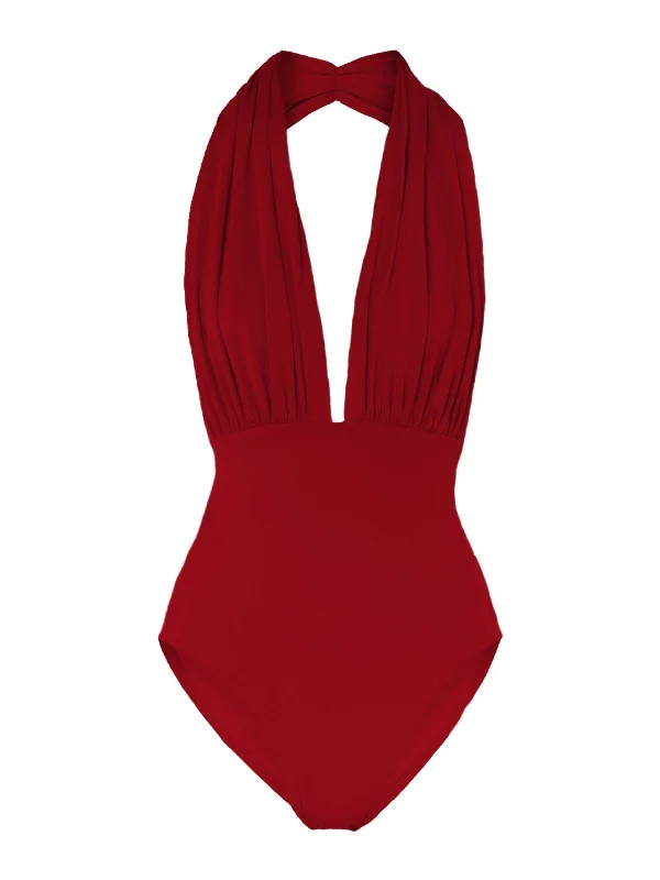 Red 1930s Retro Halter Solid One-piece Swimsuit High-Cut One-Piece