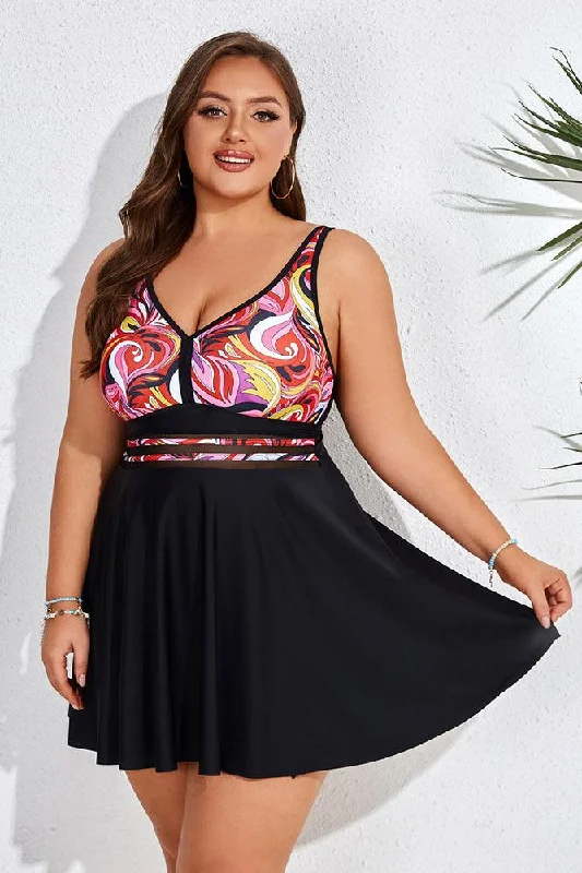 Red Ripple HN Women Plus Size 2pcs Set Swimsuit V-Neck Padded A-Line Tops+Boxer Briefs Shiny One-Piece Swimsuit
